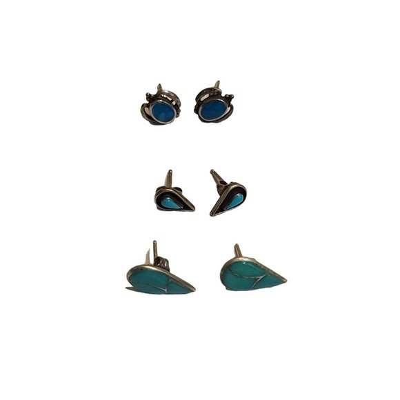 Sterling Silver Turquiose Earrings Lot set of three native american style - Picture 9 of 12